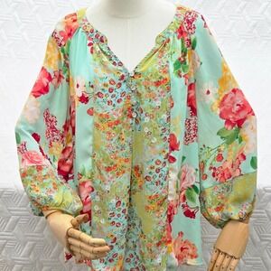 Valerie Stevens Blouse Floral Boho WomenXL Mint Green Mixed Print Balloon Sleeve
